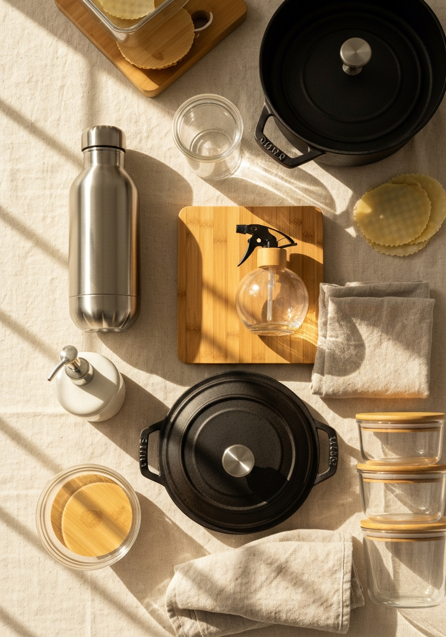 A beautifully arranged collection of premium sustainable goods — cast iron cookware, glass bottles, linen towels, and bamboo accessories in warm light