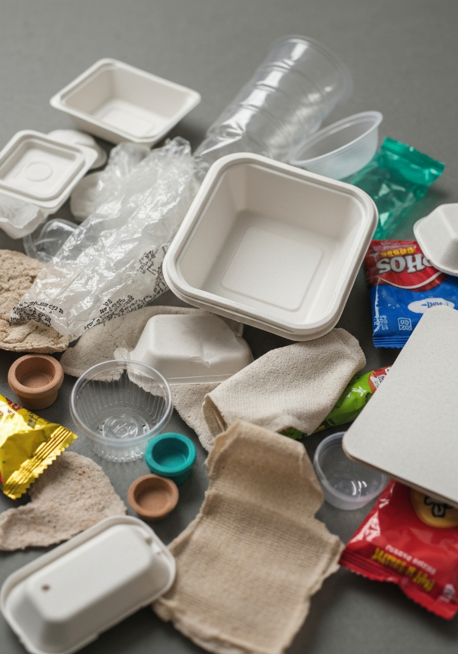 A chaotic pile of single-use plastic products — disposable containers, plastic bottles, and packaging waste