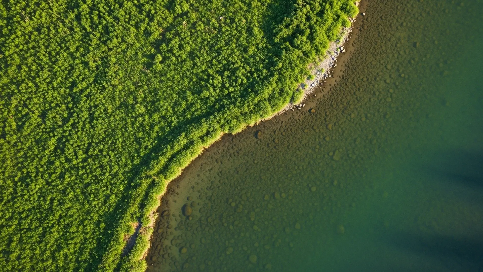 Aerial drone view of a green meadow transitioning into a clean river