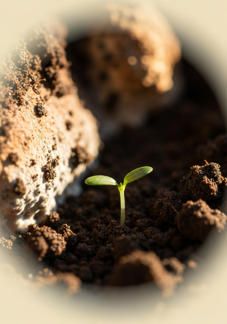 A mycelium material and dark soil with a tiny seedling emerging, in warm editorial light.