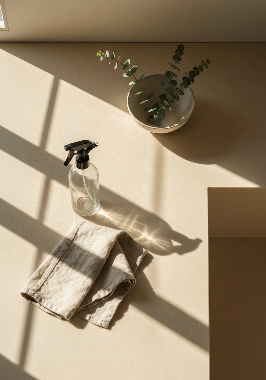 A clean kitchen counter with a glass spray bottle, folded linen, and morning light.